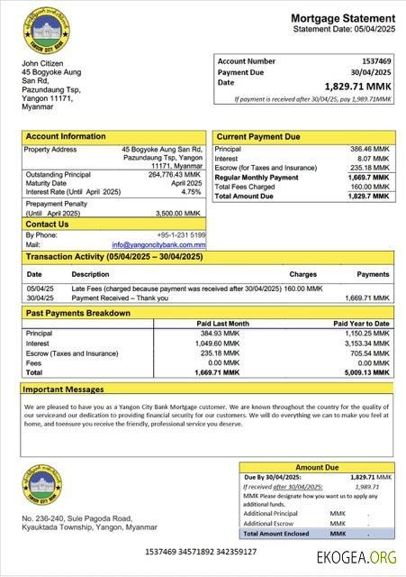 Modèle Word et PDF de relevé hypothécaire de la Myanmar Yangon City Bank